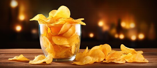Glass bowl filled with crispy yellow potato chips on a wooden table with scattered chips and a blurred warm background of illuminated candles.