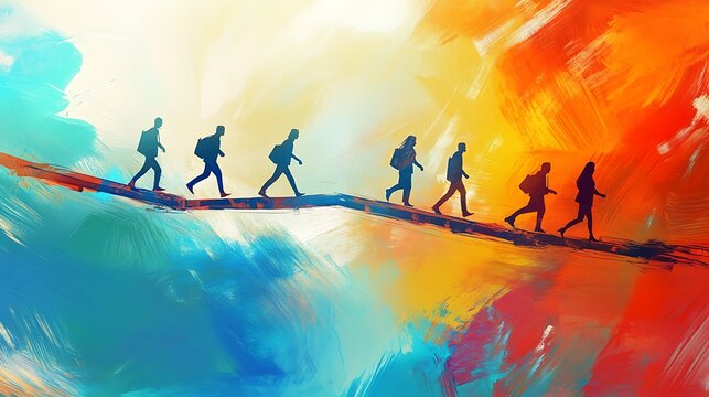 Silhouetted figures walk a narrow path bridging vibrant, contrasting colors.