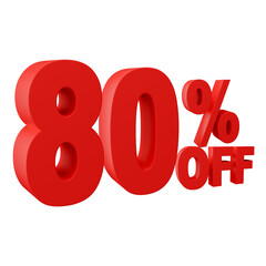 Number 80 percent off red color 3d sign percent discount on isolated background.red and White on a Transparent Background