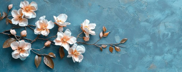 Elegant white flowers on blue textured background with delicate branches and leaves
