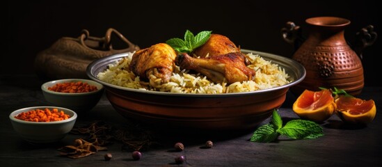 Saudi Arabian chicken kabsa dish with rice in a brown dish topped with chicken pieces, garnished with mint, served with spice bowls and orange slices.