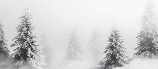 Winter landscape with tall snow-covered pine trees under a gray misty sky creating a serene, tranquil atmosphere in a cold environment.
