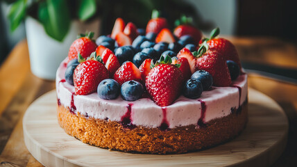 A luscious cheesecake, adorned with a vibrant assortment of fresh strawberries and blueberries.