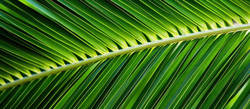 Vibrant green palm tree leaf close-up on white background showcasing intricate texture and details illuminated by soft natural light