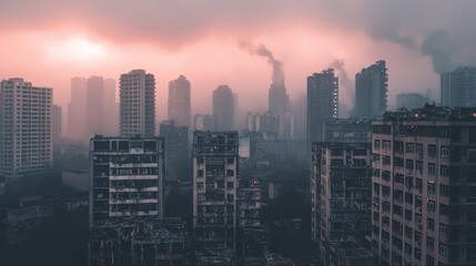 Obraz premium Chaotic Urban Skyline with Dramatic Atmosphere at Sunset