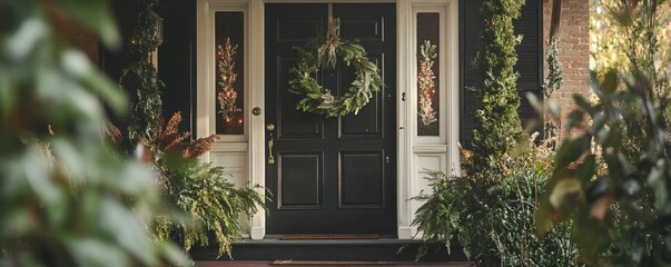 Festive black door with holiday wreath amidst lush greenery