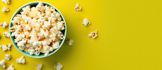 Top view of a green bowl filled with fluffy popcorn against a bright yellow background with scattered popcorn pieces creating a minimalist vibe