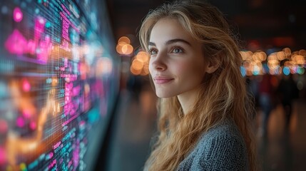 Woman Highlighting Digital Analytics on Giant Interactive Screen in Dynamic Office Environment