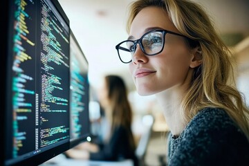 Concentrated Female Coder in Glasses Reviews Code on Monitor Screen, Working on Software