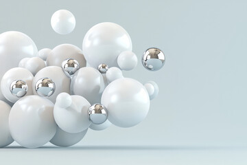 A surreal arrangement of metallic silver spheres of different sizes drifting through soft, billowing