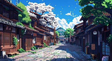 Obraz premium old japanese city street pixel art