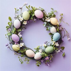 Colorful Easter wreath decorated with pastel eggs and spring flowers on a soft purple background