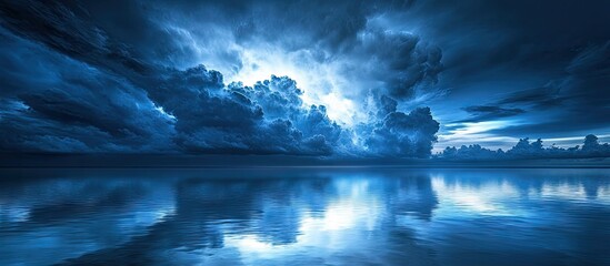 Dramatic stormy seascape with dark blue clouds and reflections on calm water creating a moody atmosphere captured during twilight hours.