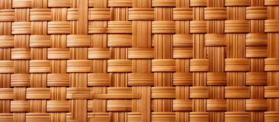Bamboo weaving texture with warm brown tones showcasing intricate rattan pattern against a flat surface, emphasizing craftsmanship and detail.