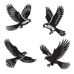 4 SET OF BLACK High-Quality Vector Silhouette of a Flying Kestrel on White Background