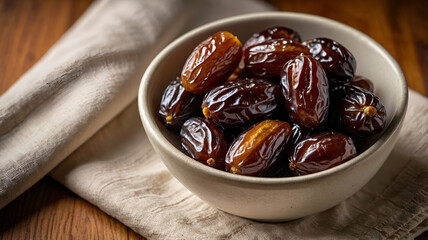 Fototapeta premium Bowl of Fresh Organic Dates on a Rustic Wooden Table
