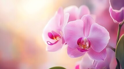 Closeup Pink Orchid Flowers Blooming in Soft Sunlight