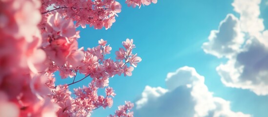 Blossoming pink cherry blossoms frame a bright blue sky with fluffy white clouds, capturing the essence of a fresh spring atmosphere.