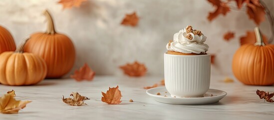 Fototapeta premium Cozy autumn product mockup featuring a white cup with dessert centered on marble, surrounded by orange pumpkins and fall leaves on a light background