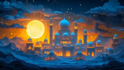 Obraz premium Illustrated Fantasy City with Domed Structures Under Full Moon and Starry Night Sky