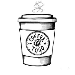 Hot Coffee cup, to go, fantasy label, hand-drawn pencil drawing, illustration, black, transparent background, PNG
