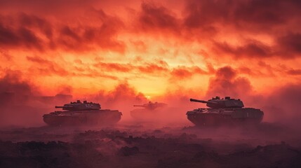 Obraz premium Dark Ash Clouds Swirling Over Tanks in Fiery Orange Sunset Scene