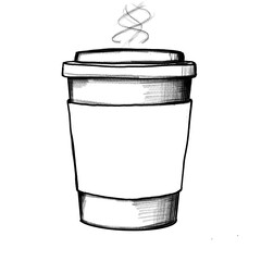 Hot Coffee cup, to go, hand-drawn pencil drawing, illustration, black, transparent background, PNG