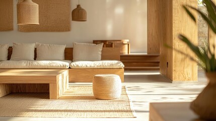 Waste reduction minimalist idea. Modern minimalist living room with natural light and wooden furniture elements.