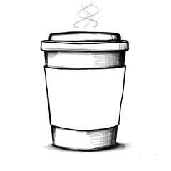 Hot Coffee cup, to go, shadow, standing, hand-drawn pencil drawing, illustration, black, transparent background, PNG