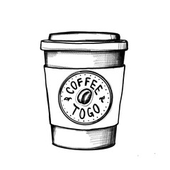 Coffee cup, to go, fantasy label, hand-drawn pencil drawing, illustration, black, transparent background, PNG