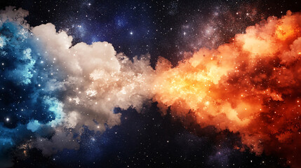 Naklejka premium Celestial clouds collide in cosmic dance of blue and orange hues, creating stunning visual of space and energy. This artwork captures beauty of universe