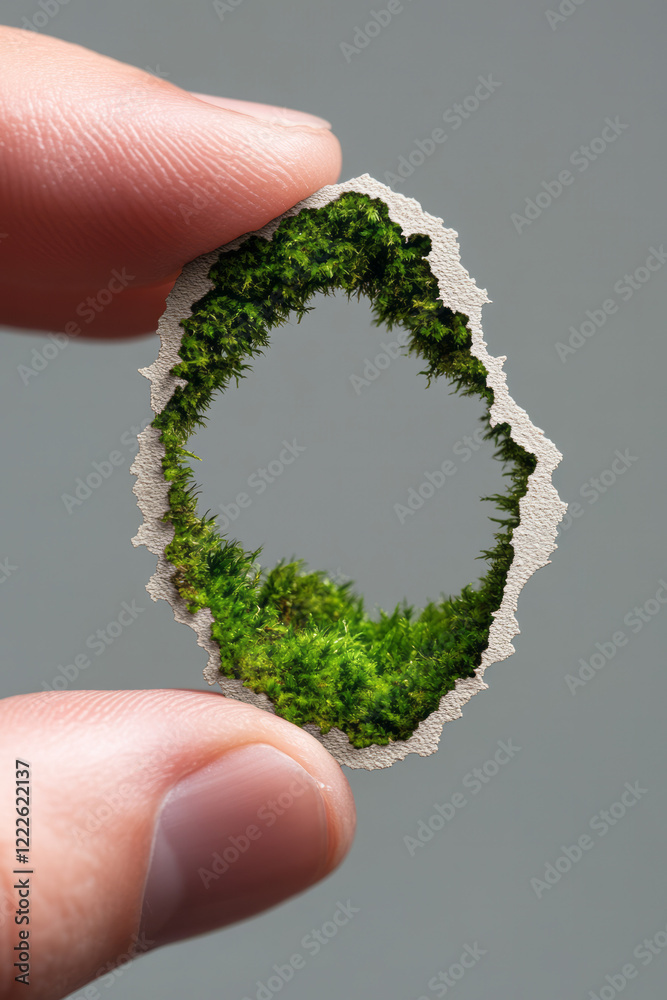 Poster a macro shot of fingers gently peeling back a section of moss, exposing a subtle beige backing and s