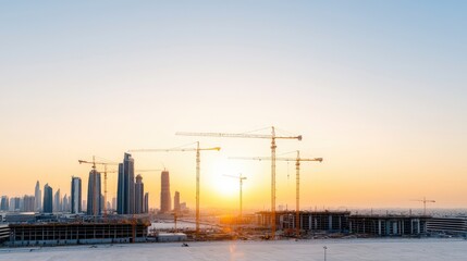 Naklejka premium Tower cranes at a city construction site silhouetted against a warm golden sunrise.