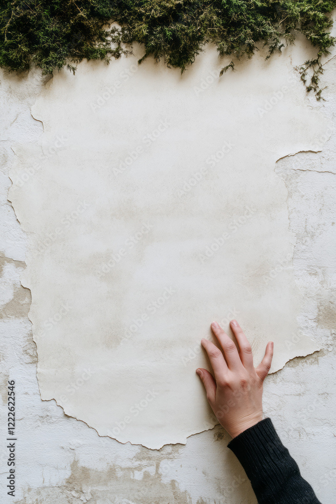 Aufkleber A hand pulling back an edge of moss to highlight distinct layers: a beige backing and a pristine whi