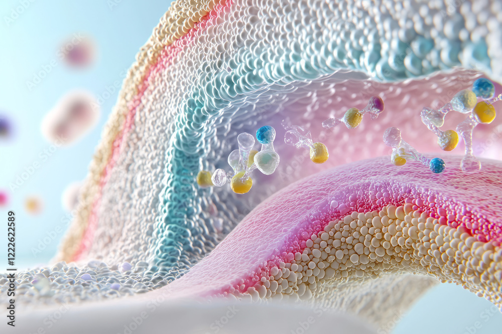 Poster a highly detailed 3d cross-section of a synapse, clearly illustrating vesicles releasing neurotransm
