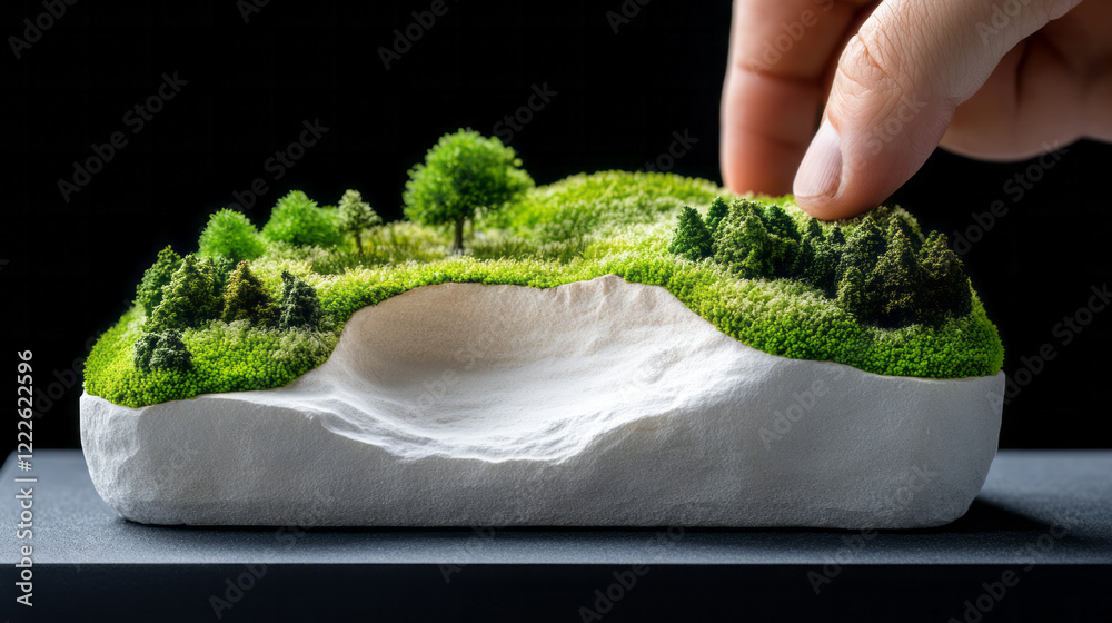 Aufkleber a controlled reveal of a moss layer by a human hand, emphasizing the beige middle layer and the clea