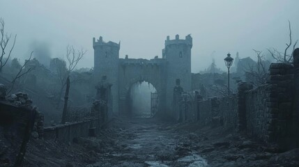 Obraz premium Grim City Entrance Overwhelmed by Shadows and Desolation