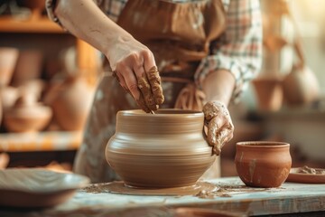A pottery artist skillfully shaping a clay bowl in a workshop filled with handmade ceramics during daylight