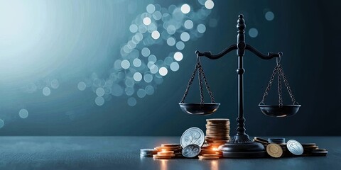 A balanced scale atop a pile of coins symbolizes justice and financial equity in a serene, softly lit environment.