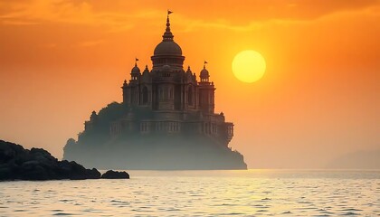 Majestic Castle Silhouette at Sunset Over Water