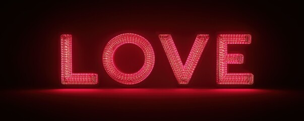 Illuminated red love sign with neon glow on dark background