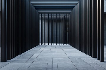 Obraz premium A minimalist office structure with vertical black metal panels, sharp geometric forms, and clean paving