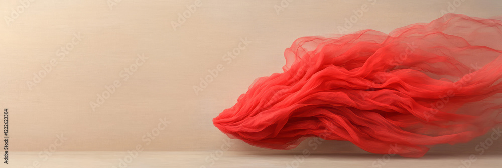 Poster a dynamic burst of richly textured red cloth captured in motion, set against a muted sand-colored su