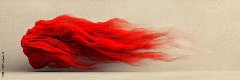 Poster a dynamic burst of richly textured red cloth captured in motion, set against a muted sand-colored su