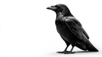 Fototapeta premium A majestic black raven stands isolated on white