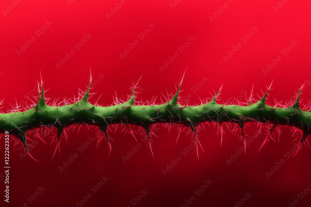 Poster an artistic array of coiling green thorny stems set against a dramatic red gradient background, high