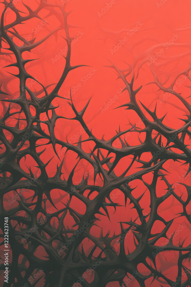 Poster a dynamic composition featuring intertwined, sharp-spiked vines in a vivid green hue on a bold crims