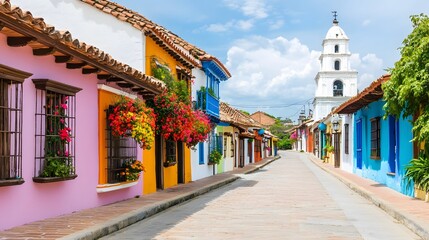 Fototapeta premium Vibrant Colorful Colonial Street Scene with Church Tower