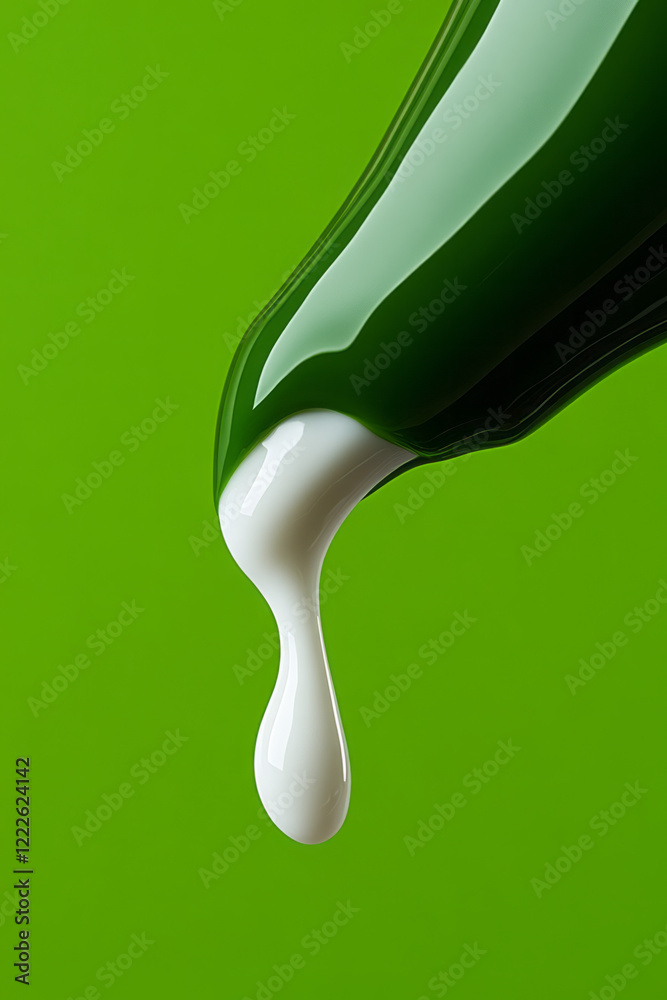 Poster a macro view of a green lotion pump being pressed, capturing the smooth flow of white cream onto a w