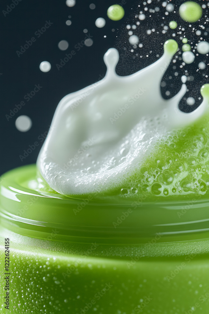 Poster a macro view of a green lotion pump being pressed, capturing the smooth flow of white cream onto a w